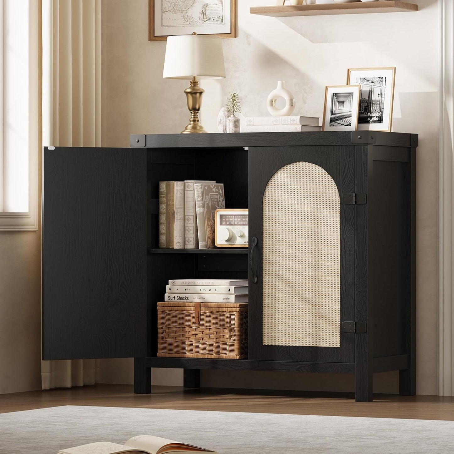 Garvee 31.5'' Small Rattan Buffet Cabinet with Storage, Kitchen Coffee Bar Cabinet with Doors, Boho Farmhouse Sideboard with Adjustable Shelves and Handle for Kitchen, Living Room, Black