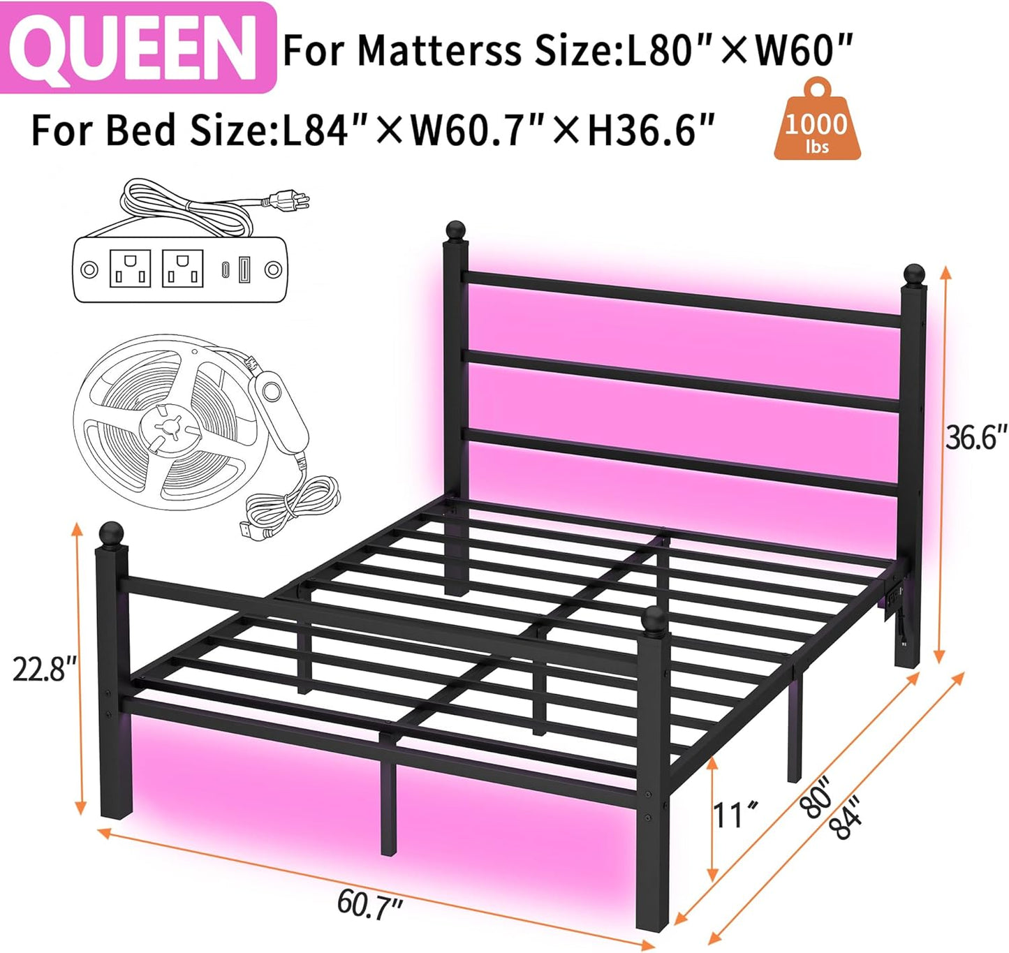 Queen Bed Frame with Headboard and Footboard,Steel Slats Support-LED Bed Frame with USB Charging Station,Mattress Foundation-Under Bed Storage,No Box Spring Needed,Noise Free,Black