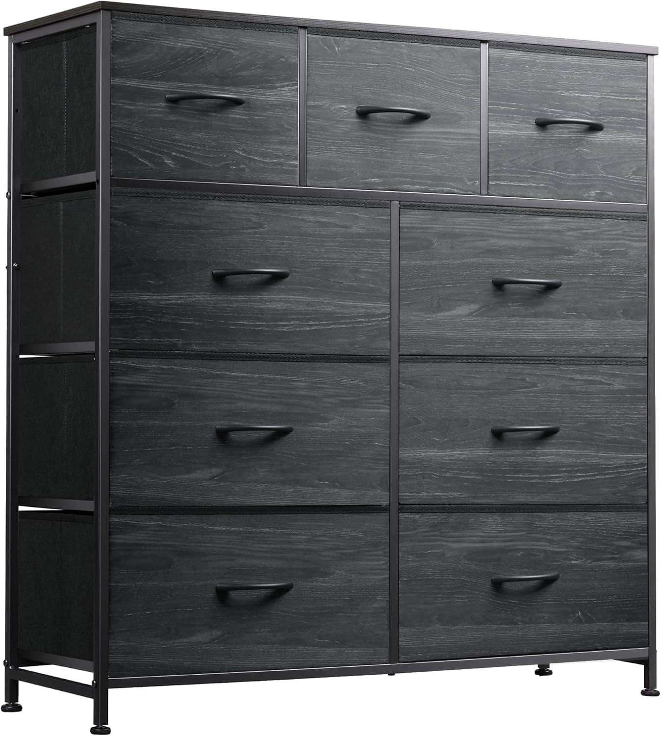 WLIVE 9-Drawer Dresser, Fabric Storage Tower for Bedroom, Entryway, Closet, Tall Chest Organizer Unit with Fabric Bins, Steel Frame, Wood Top, Easy Pull Handle, Charcoal Black Wood Grain Print