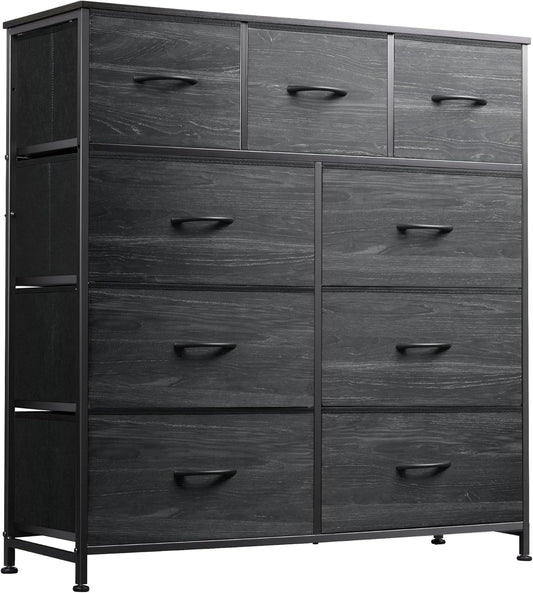 WLIVE 9-Drawer Dresser, Fabric Storage Tower for Bedroom, Entryway, Closet, Tall Chest Organizer Unit with Fabric Bins, Steel Frame, Wood Top, Easy Pull Handle, Charcoal Black Wood Grain Print