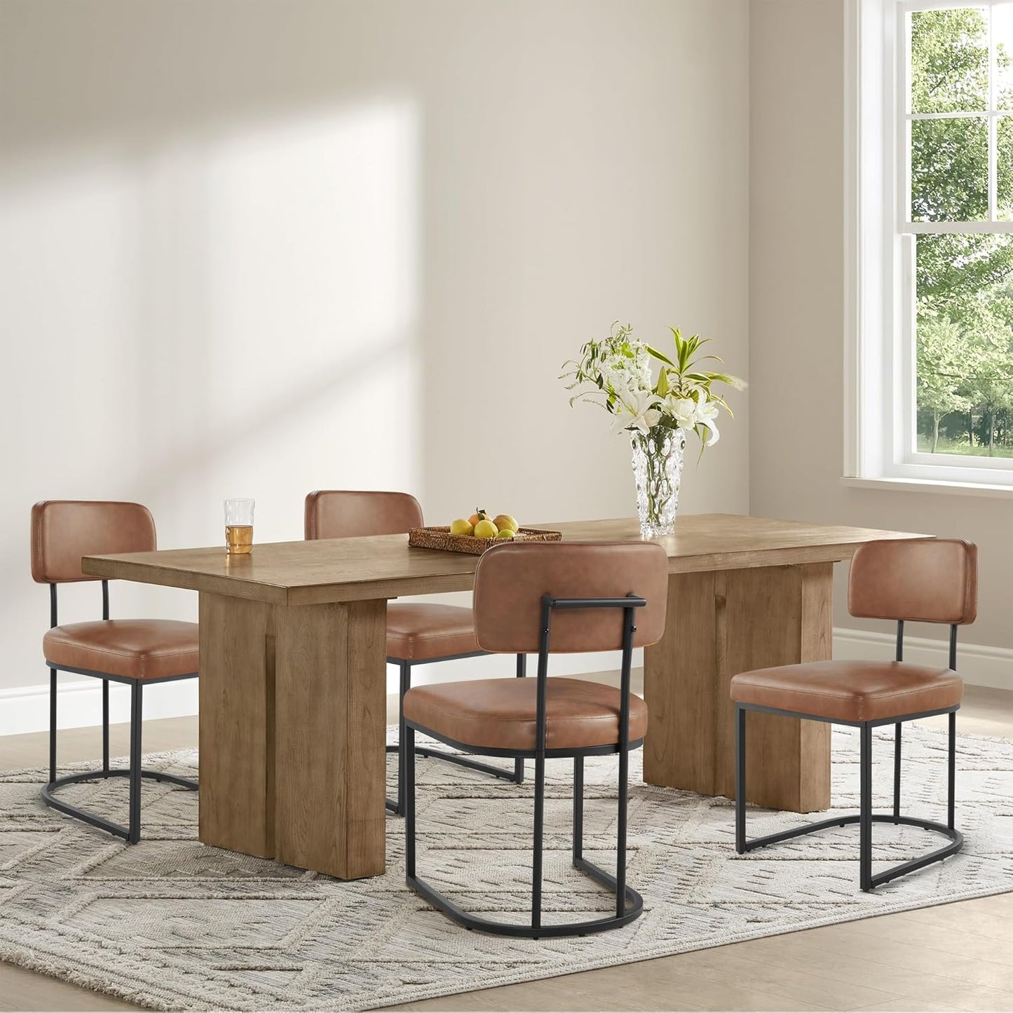 Dining Chairs Set of 4, Upholstered Modern Kitchen Chairs with Ergonomic Backrest, Faux Leather Cushion Seat & Metal Legs for Living Room, Restaurant, and Café, Brown, 2 Boxs