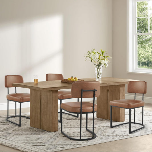 Dining Chairs Set of 4, Upholstered Modern Kitchen Chairs with Ergonomic Backrest, Faux Leather Cushion Seat & Metal Legs for Living Room, Restaurant, and Café, Brown, 2 Boxs