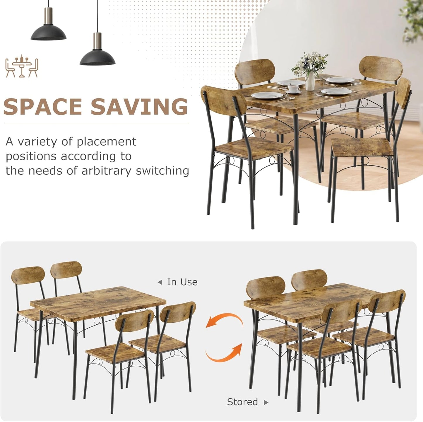 VECELO Dining Table Set for 4, 5-Piece Kitchen Table with 4 Chairs, MDF Board Tabletop with Metal Frame for Small Space, Compact Dinette, Breakfast Nook, Rustic Brown
