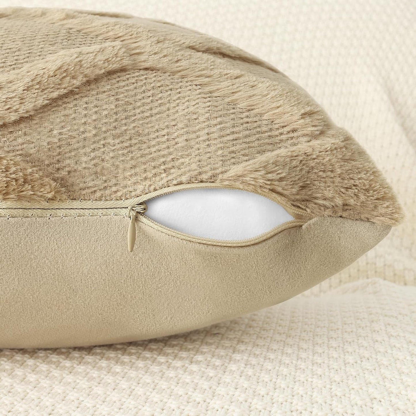 decorUhome Throw Pillow Covers 12x20 Inch Set of 2, Soft Plush Faux Fur Wool Lumbar Khaki Couch Pillow Covers, Decorative Neutral Pillow Cases for Bed Sofa Living Room Home Decor