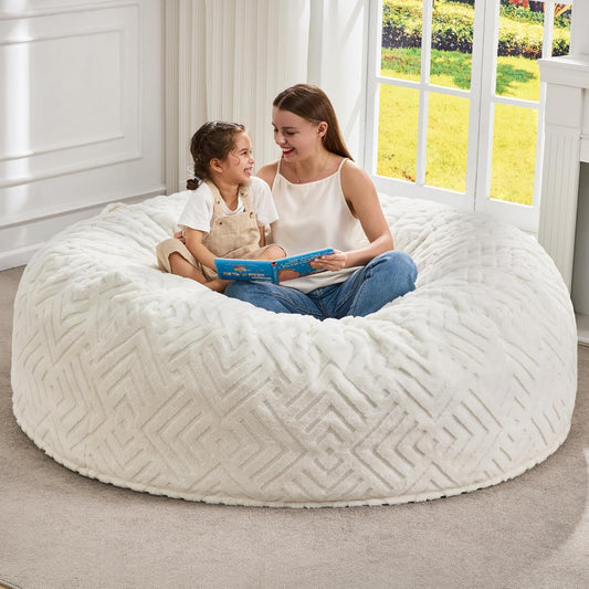 Hobestluk Bean Bag Chairs Adults Beanbag Chair with Filler Large Bean Bags with Fluffy Embossed Cover, Giant Bean Bag Chairs for Adults (White, 6FT - 70" x 70" x 15")
