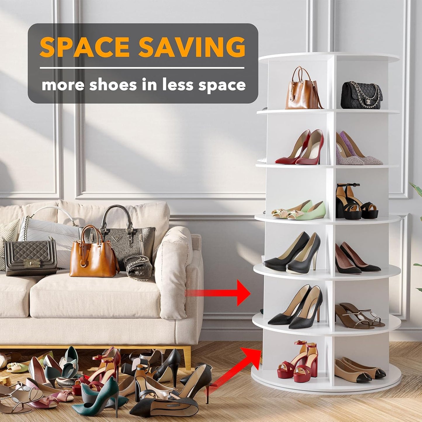 SpaceAid 6 Tier Rotating Shoe Rack Tower, Spinning Shoe Display Lazy Susan, Revolving 360 Shoe Rack Storage Round Carousel, Vertical Handbag Rotate Shoes Closet Organization (6-Tier White)