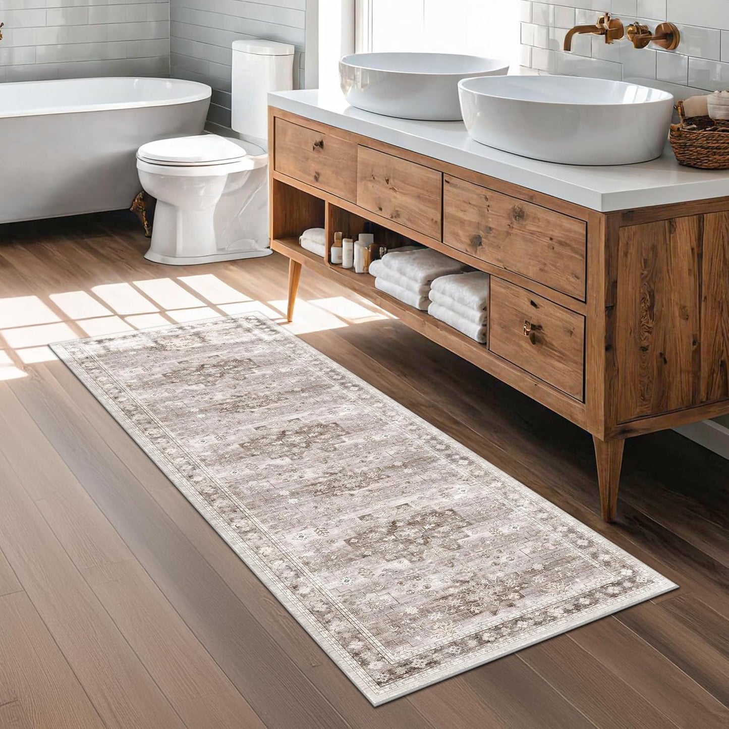 Boho 2x7 Long Runner, Neutral Farmhouse Bedside Rug, Small Throw Runners for Bedroom Hallway Bathroom Kitchen, Vintage Floral Decor & Non-Slip Low-Pile Washable Stain Resistant Beige Latte Rug