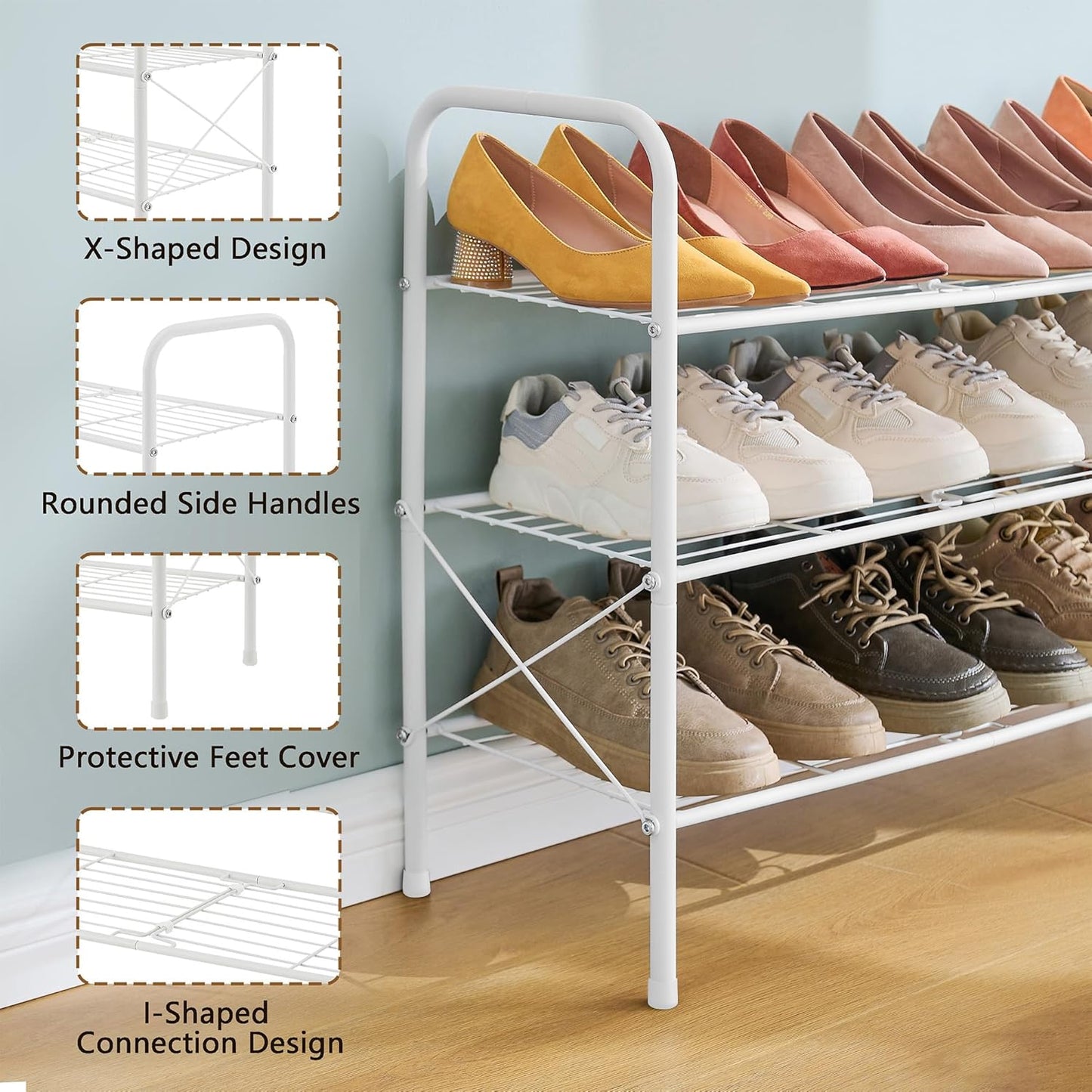 Hoctieon 3 Tier Mesh Style Shoe Rack, Entryway Shoe Shelf, Shoe Storage Organizer, Shoe Rack for Closet, Space Save for Bathroom, Garage, Hallway, Bedroom, Living Room, White