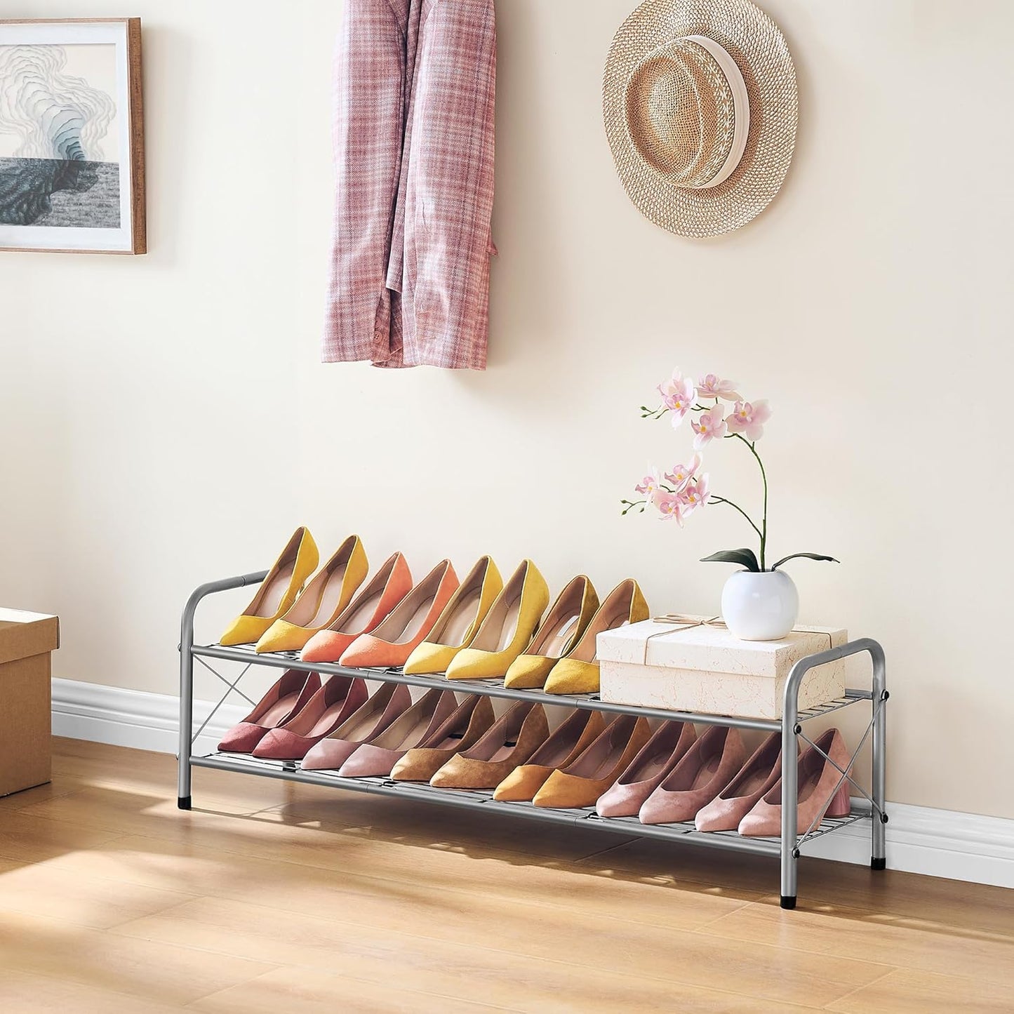 Hoctieon 2 Tier Shoe Rack for Closet, Durable Mesh Style Shoe Rack, Entryway Shoe Shelf, Shoe Storage Organizer for Hallway, Bedroom, Living Room, Wardrobe, Grey