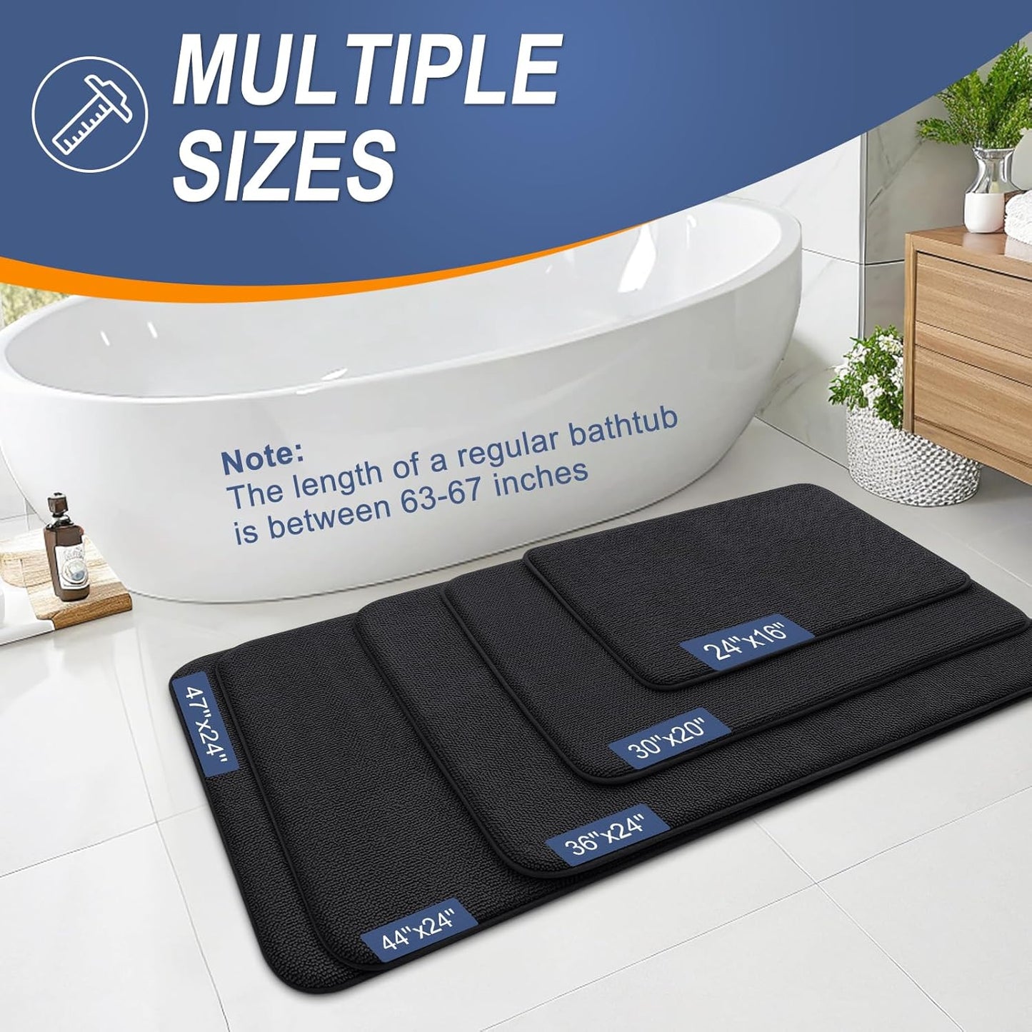 OLANLY Thick Memory Foam Bath Mat Rug 47x17, Extra Soft Absorbent Bathroom Rug, Quick Dry Bath Mats, Non-Slip, Machine Washable Carpet for Bathroom, Tub and Shower, Home Decor Accessories, Black