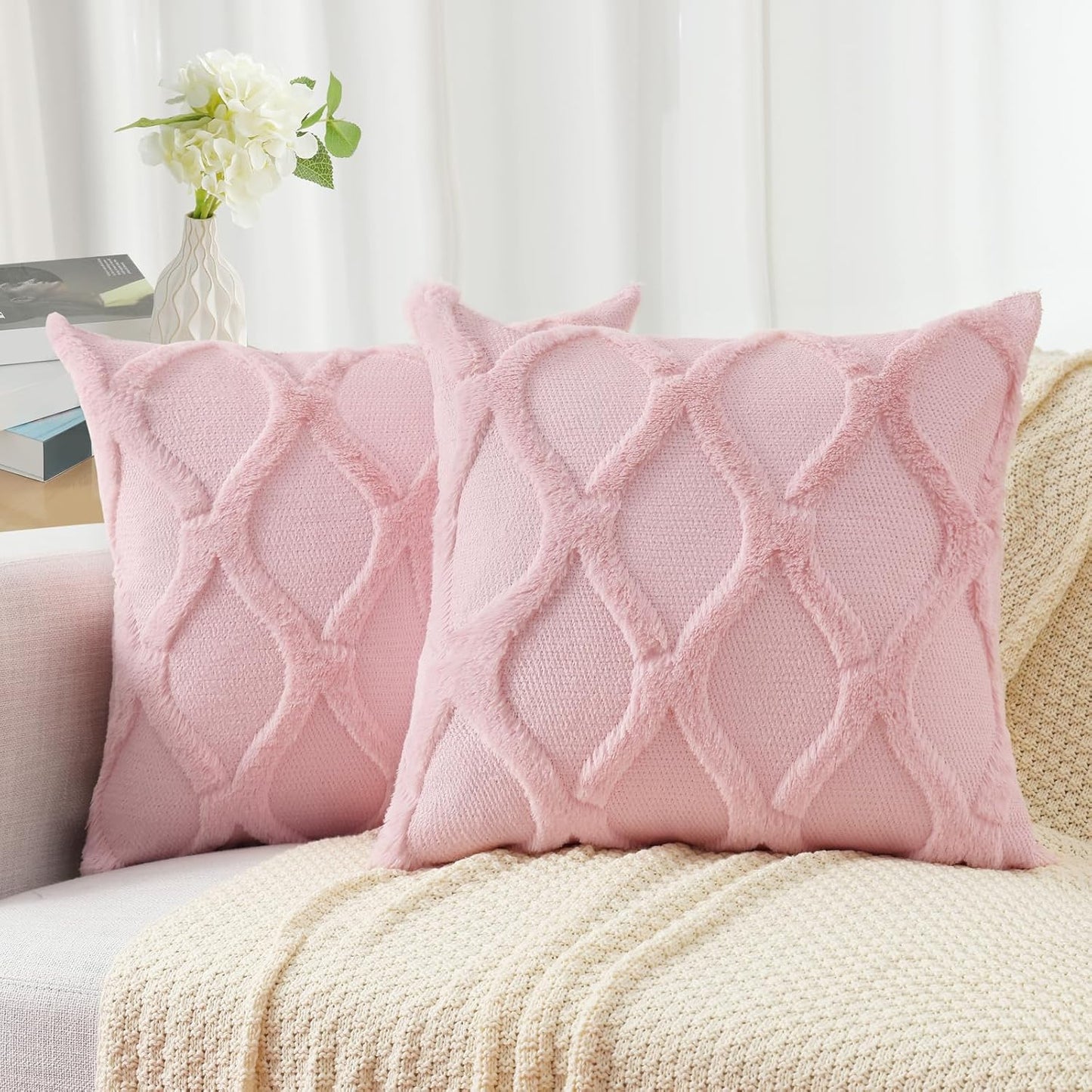 decorUhome Throw Pillow Covers 20x20 Inch Set of 2, Soft Plush Faux Fur Wool Light Pink Couch Pillow Covers, Decorative Neutral Pillow Cases for Bed Sofa Living Room Home Decor