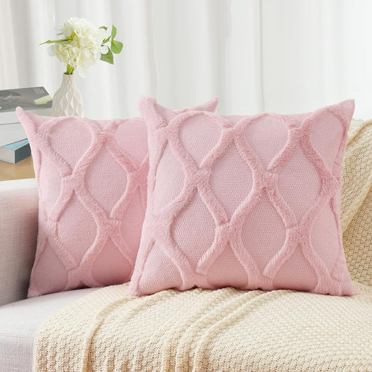 decorUhome Throw Pillow Covers 22x22 Inch Set of 2, Soft Plush Faux Fur Wool Light Pink Couch Pillow Covers, Decorative Neutral Pillow Cases for Bed Sofa Living Room Home Decor