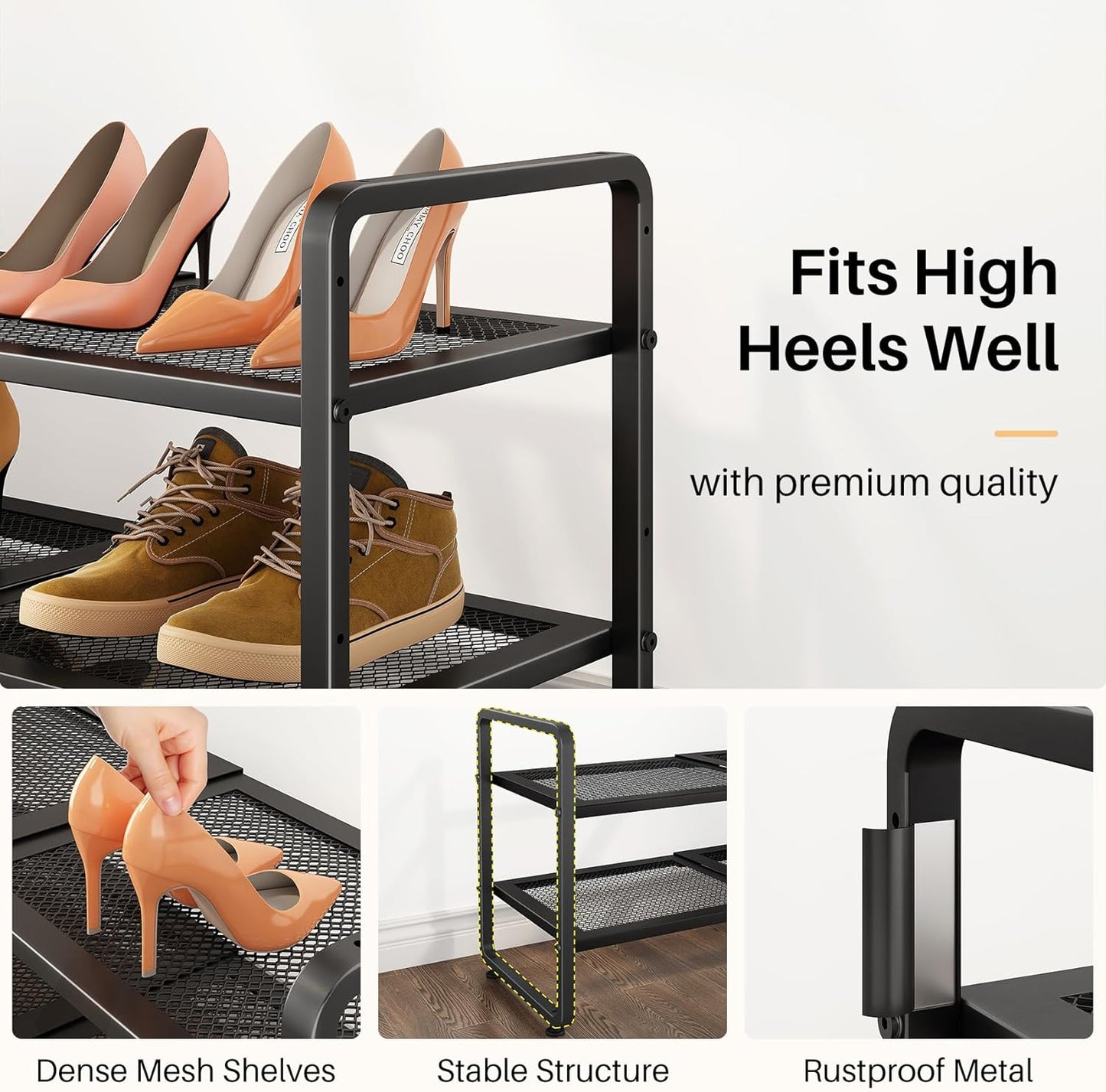 Shoe Rack - Expandable Shoe Organizer for Closet, Adjustable Metal Shoe Shelf Storage, 2 Tier Stackable Long Shoe Stand Holder for Garage, Entryway, Door Entrance, Black