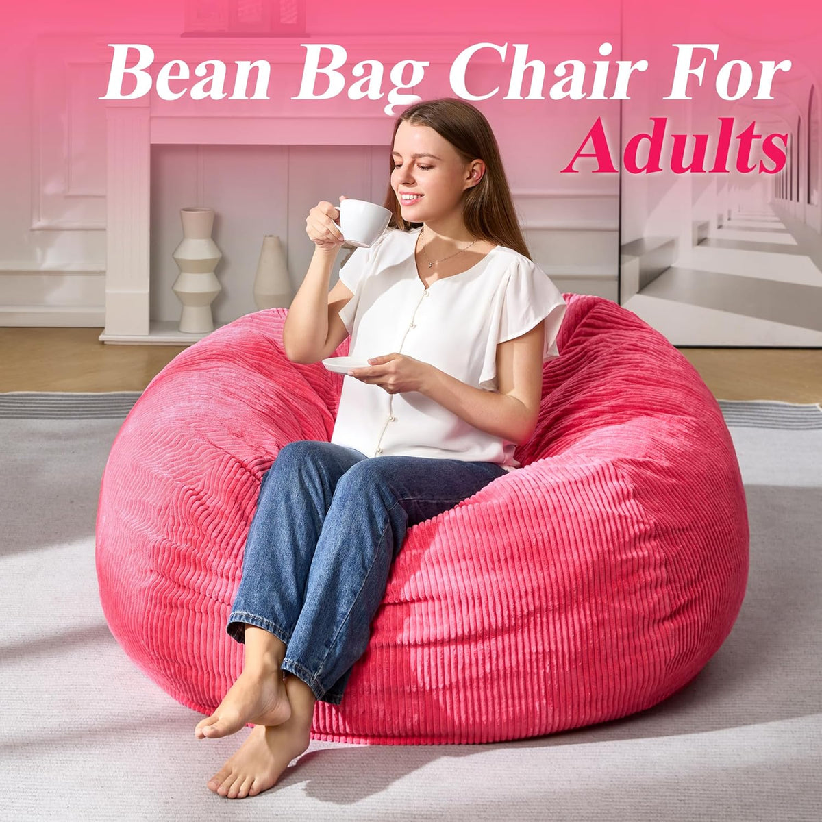 3.5FT Bean Bag Chairs Teardrop Bean Bag Chair for Adults Beanbag Chair with Memory Foam Filled Machine Washable Cover for Living Room, Bedroom (Large,Pink)