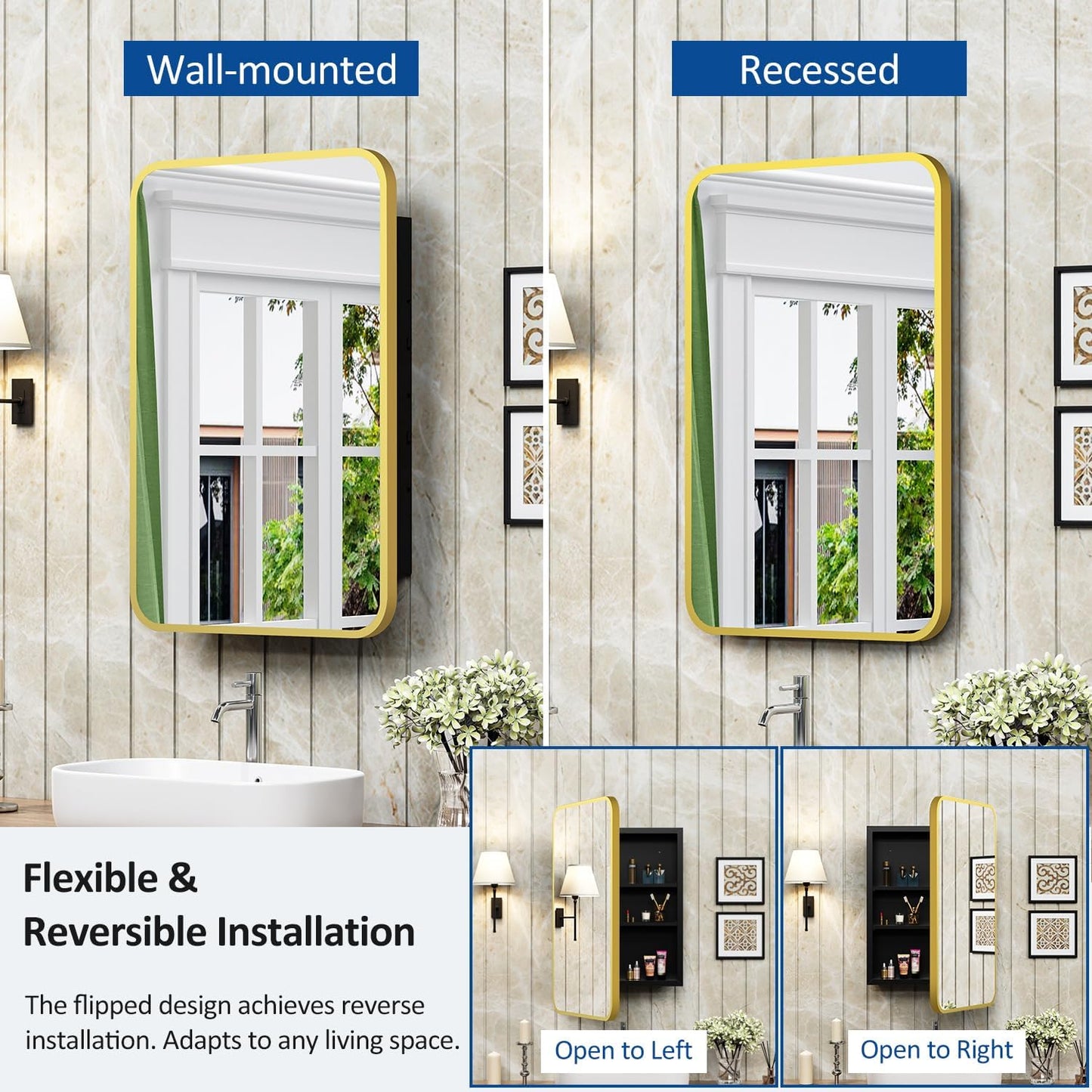 16x24 Inch Mirror Medicine Cabinet for Bathroom Gold Metal Frame Bathroom Medicine Cabinet with Mirror Recessed or Wall Mounted