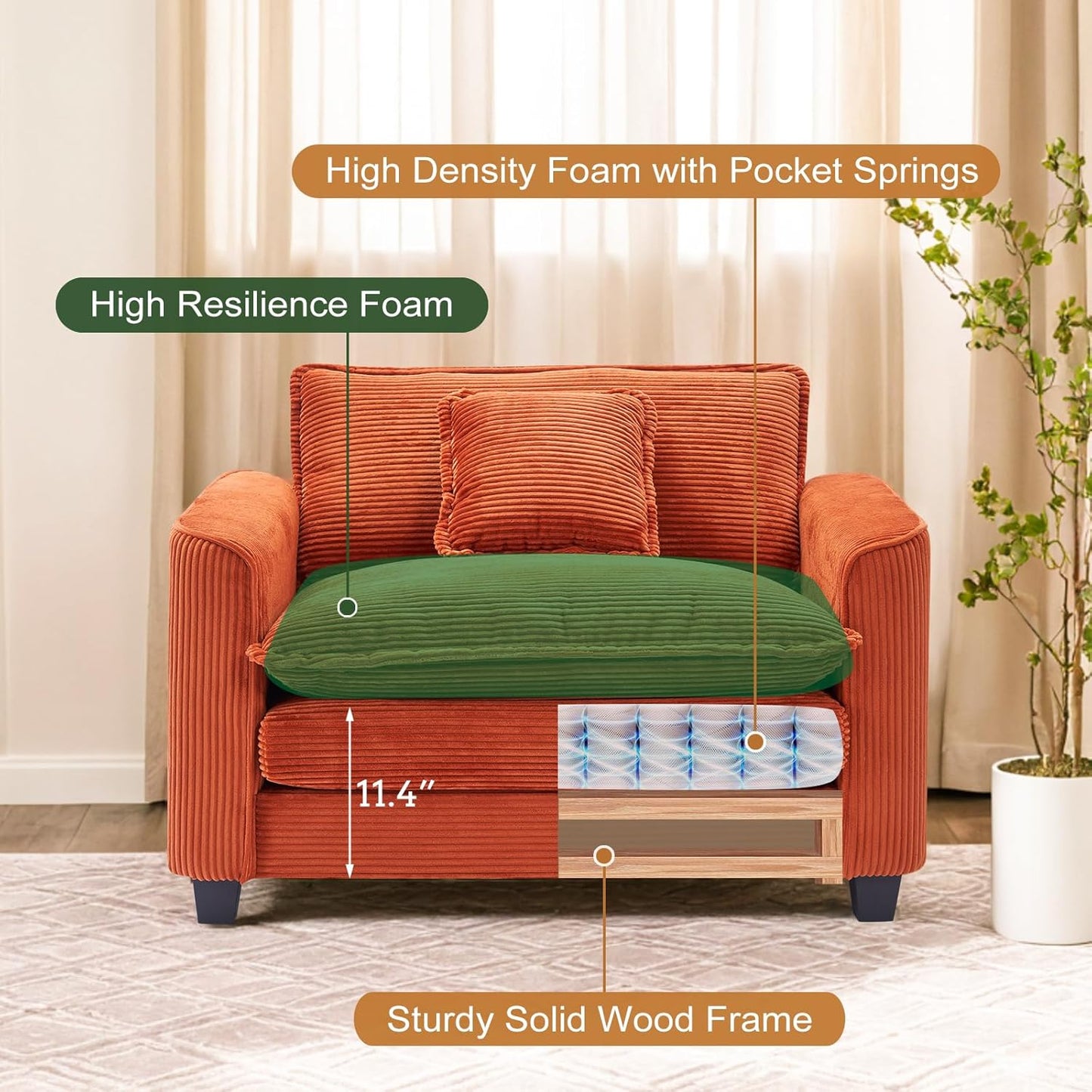 Furniliving Oversized Accent Chair with Ottoman, Luxury Corduroy Single Sofa, Upholstered Deep Seat Chaise Lounge with Pillows for Living Room, Bedroom, Apartment, Orange