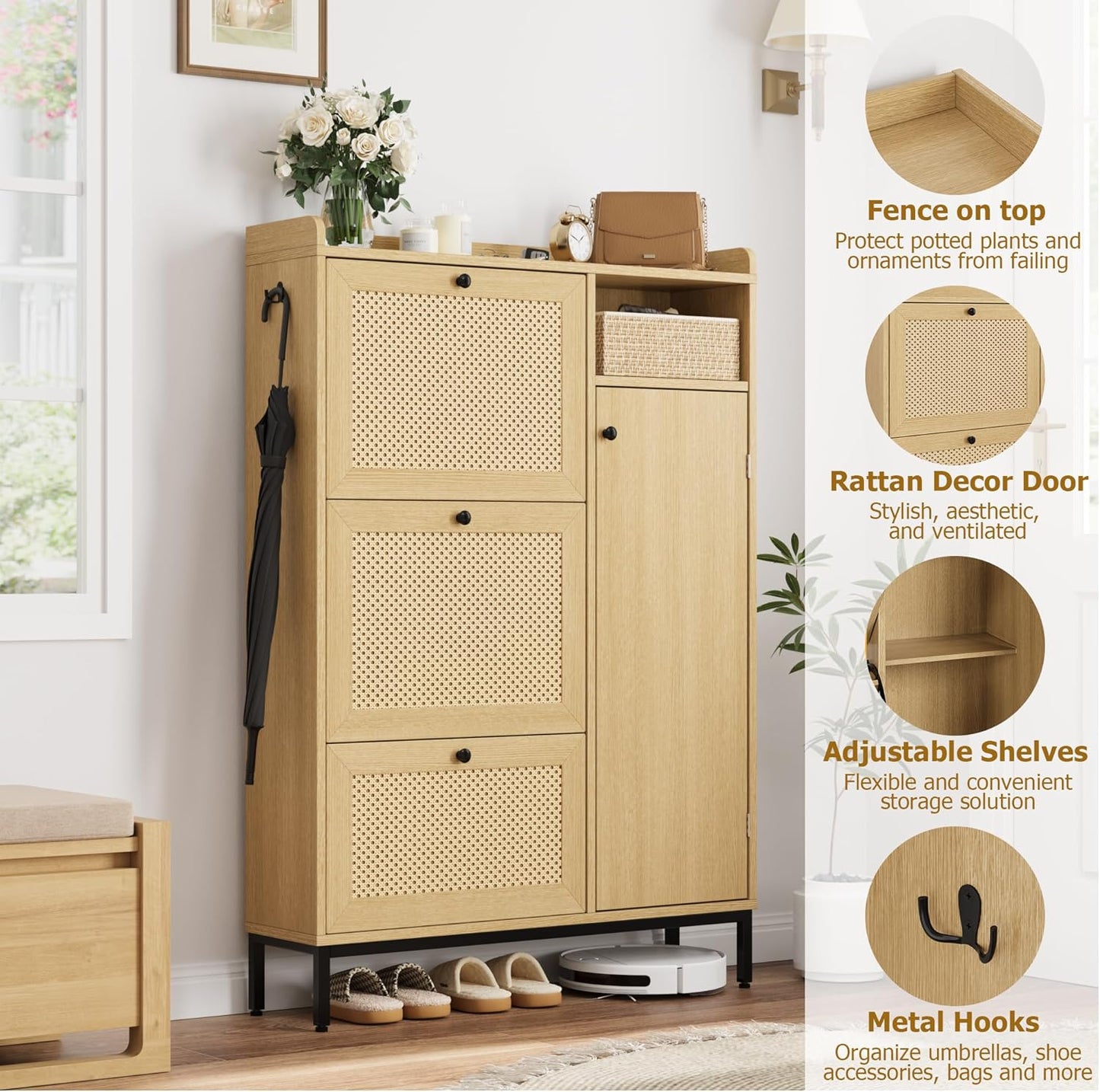 GarveeHome Shoe Cabinet Rattan with 3 Flip Drawers and 4-Tier Shoe Storage Cabinet, Freestanding Shoe Organizer with Adjustable Shelves for Entryway, Closet, Hallway (Oak)