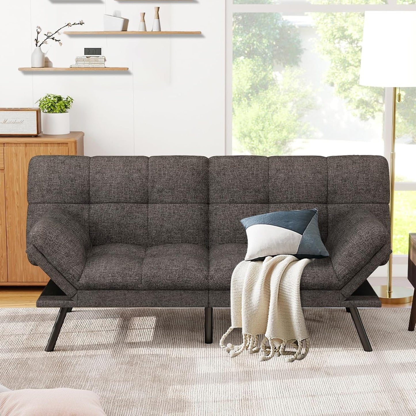 Vipbear Futon Sofa Bed Couch, 71" Convertible Sofa Bed, Space-Saving Loveseat with Adjustable Backrest & Armrest for Living Room,Apartment,Office,Pure Grey Sleeper Sofa