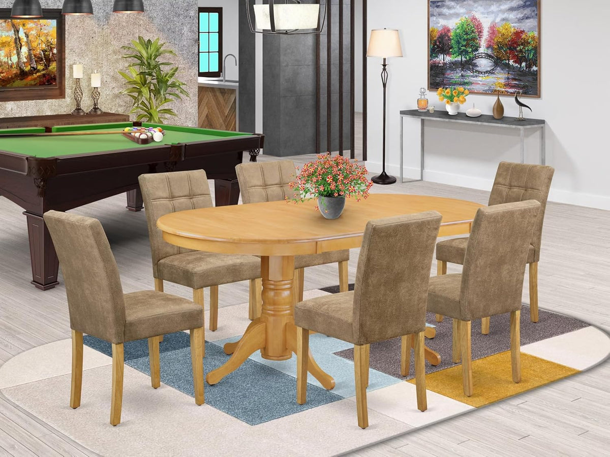 East West Furniture VAAS7-OAK-28 7 Piece Kitchen Dining Table Set Includes A Wooden Kitchen Table and 6 Brown Textured Polyester Fabric Parson Chairs, Oak