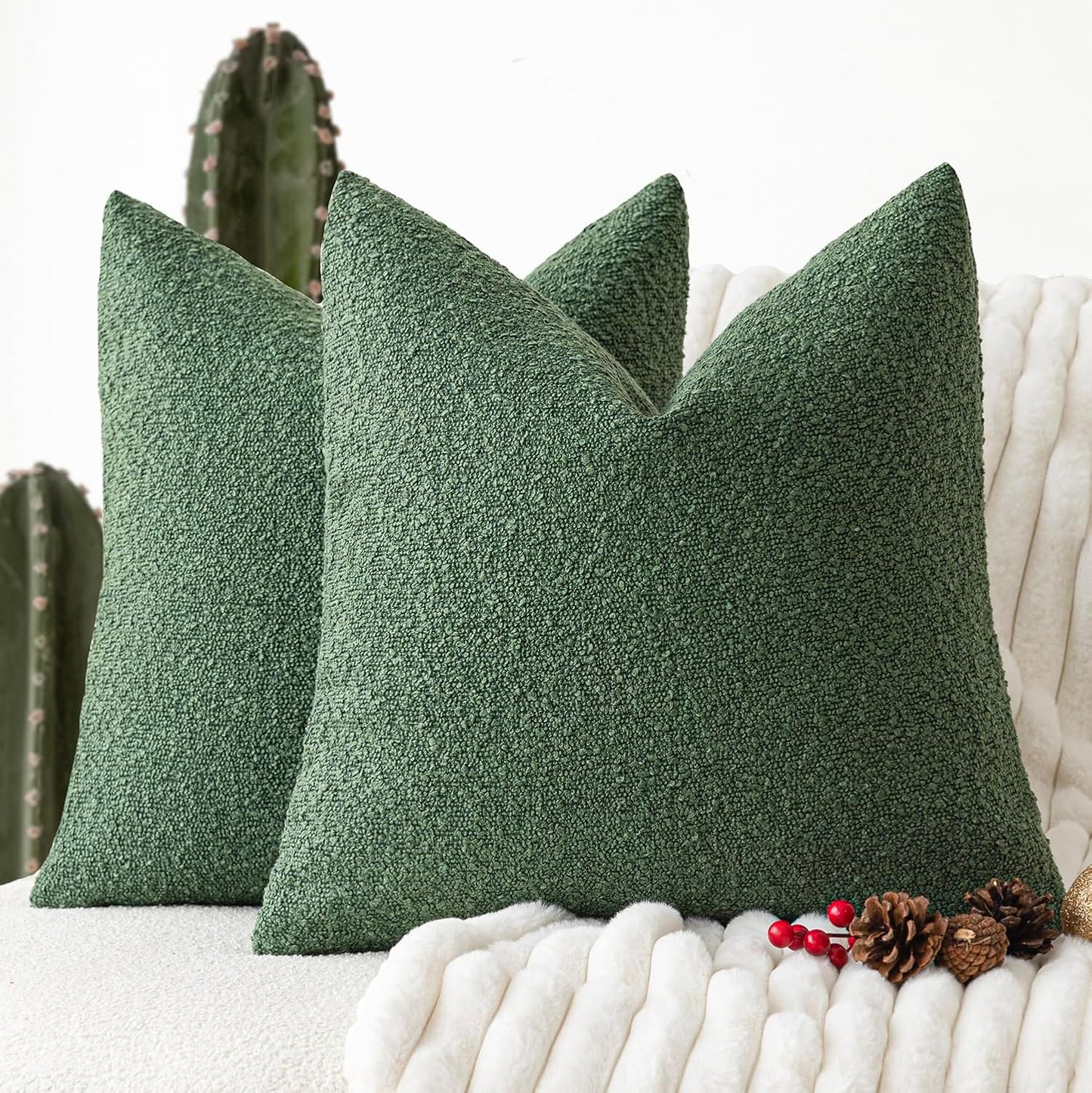 Foindtower Set of 2, Decorative Textured Boucle Throw Pillow Covers Accent Solid Pillow Cases Neutral Cozy Couch Cushion Case for Chair Sofa Bedroom Living Room Home Decor 24 x 24 Inch Hunter Green