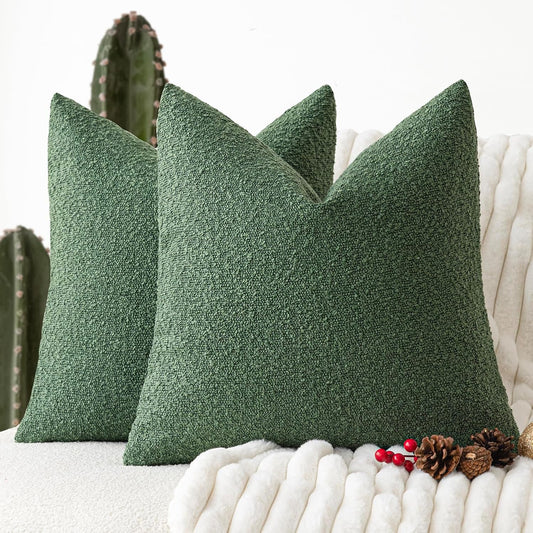 Foindtower Set of 2, Decorative Textured Boucle Throw Pillow Covers Accent Solid Pillow Cases Neutral Cozy Couch Cushion Case for Chair Sofa Bedroom Living Room Home Decor 24 x 24 Inch Hunter Green