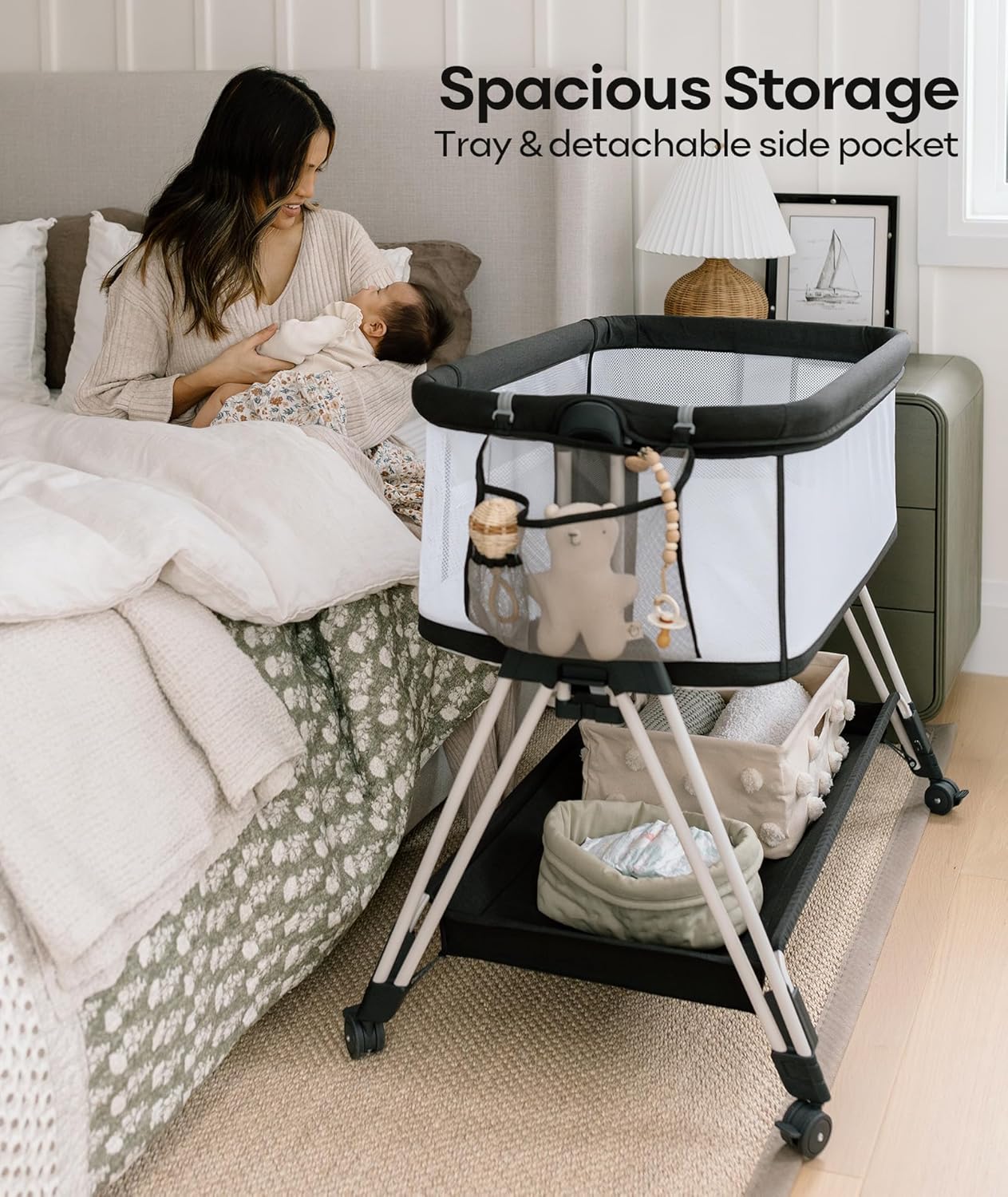 Fodoss Baby Bassinet Bedside Sleeper with Wheels and Storage Tray,4-Sided Mesh Bedside Bassinet for Infant/Newborn,7 Height Adjustable Easy Folding Bedside Crib