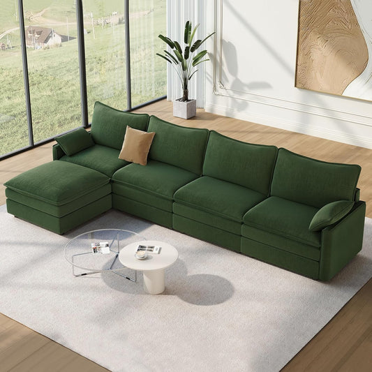 Vesgantti 142" Cloud Couch Sectional Modular Sofa, Comfy Sectional Couch with Ottoman Deep Seat Chenille L Shaped Sofa, Modular Couches for Living Room, Bedroom and Apartment, Green