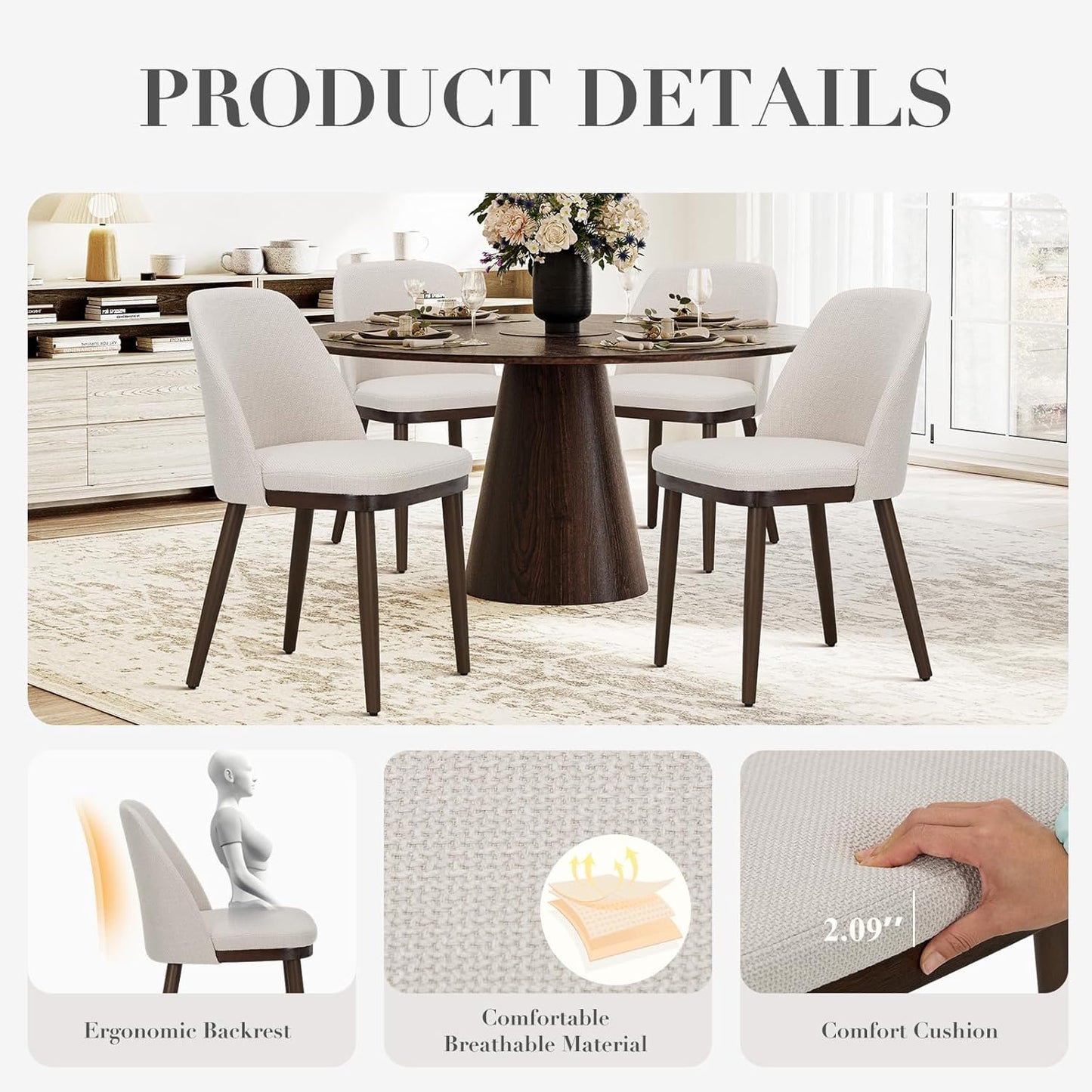 COLAMY Upholstered Dining Chairs Set of 2, Modern Kitchen Chairs with Back, Fabric Side Chair with Wood Legs for Dining Room Kitchen Restaurant, Beige