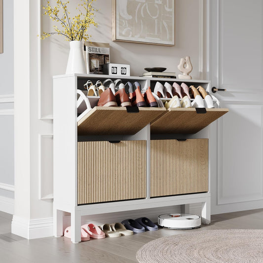 GarveeHome Fluted Shoe Storage Cabinet with 4 Flip Drawers, Narrow Wooden Shoe Organizer with Metal Legs, Modern Farmhouse Hidden Shoe Rack for Entryway, Hallway, White+Oak