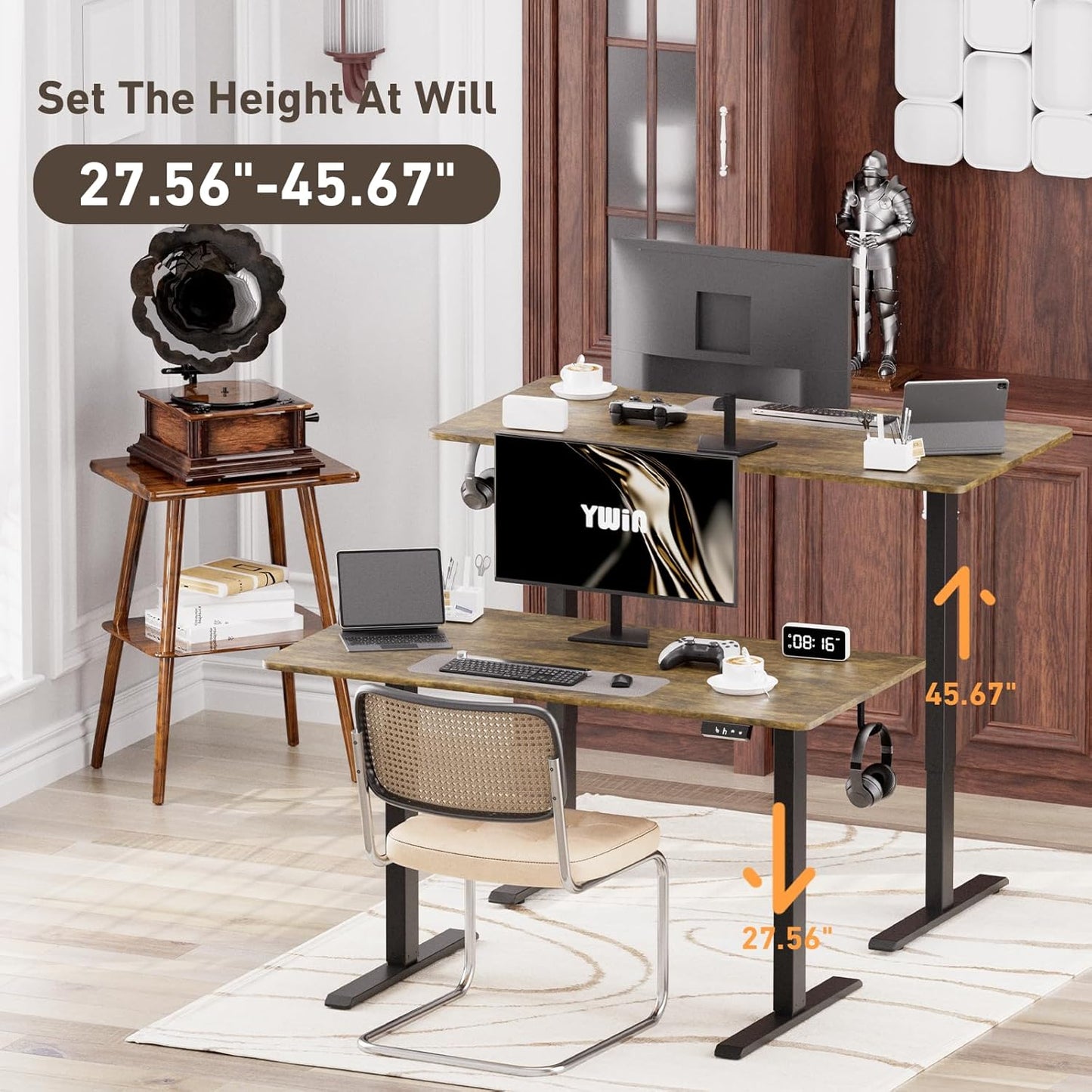 Ywin Electric Height Adjustable Standing Desk, 63 x 24 inches Sit Stand Desk with Wheels, Ergonomic Stand Up Desk for Home Office