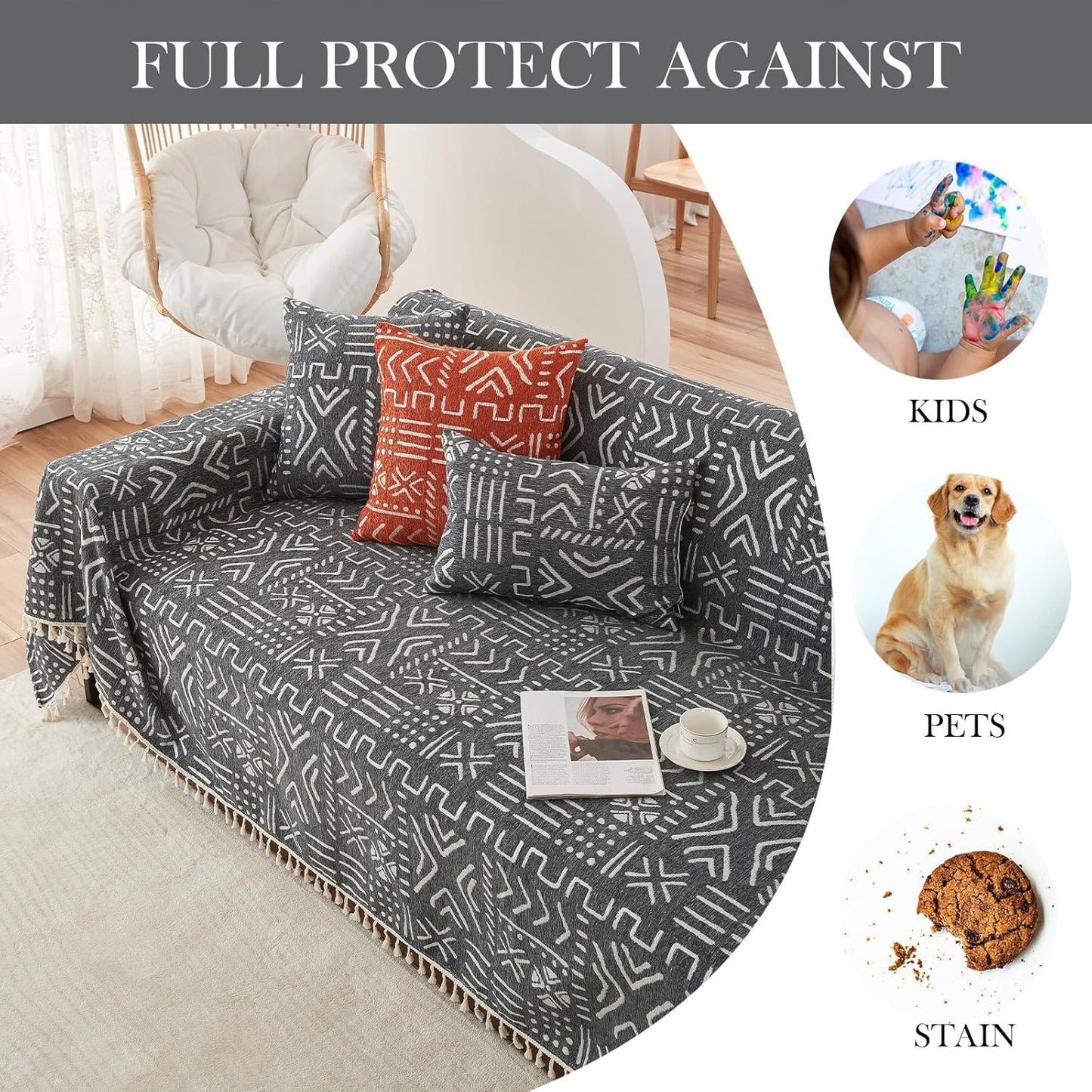 HANDONTIME Black White Boho Sofa Cover Geometric Farmhouse Tassel Couch Covers Boho Living Room Décor Dog Sofa Covers for Slipcover Aesthetic Couch Cushion Cover Couch Protector for Dogs, 71" X134"