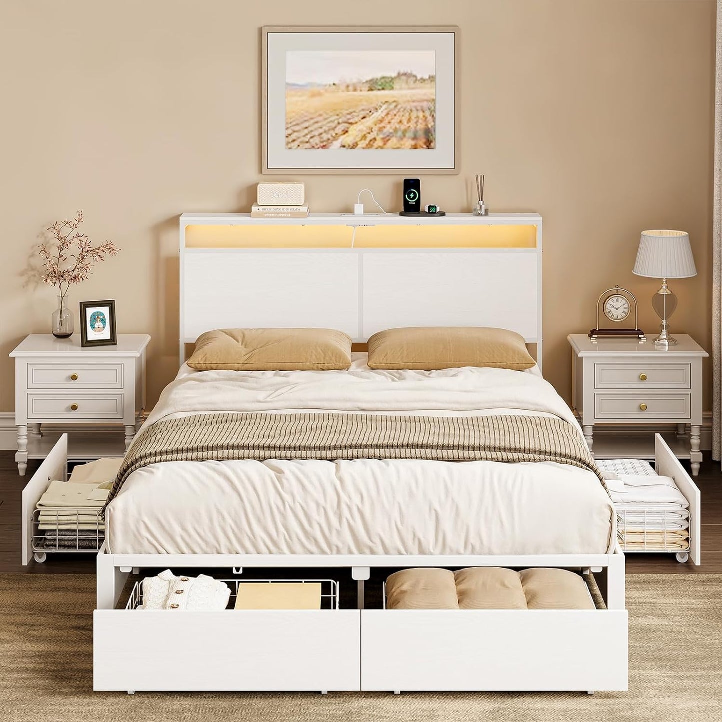 Full Bed Frame with 4 Storage Drawers Bed Frame Full Size with Headboard LED Lights Charging Station Metal Slats Platform Heavy-Duty Support No Box Spring Needed White