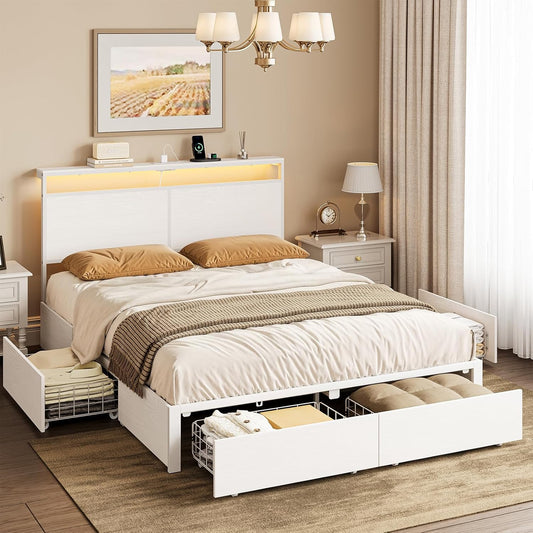 Full Bed Frame with 4 Storage Drawers Bed Frame Full Size with Headboard LED Lights Charging Station Metal Slats Platform Heavy-Duty Support No Box Spring Needed White