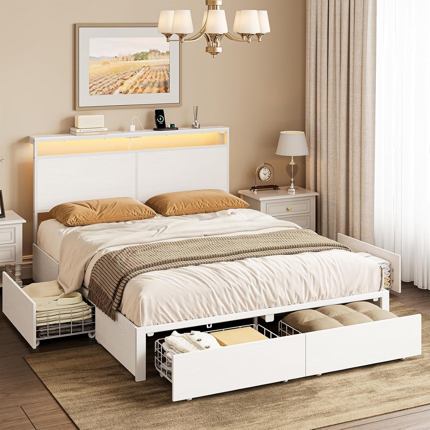 King Bed Frame with 4 Storage Drawers Bed Frame King Size with Headboard LED Lights Charging Station Metal Slats Platform Heavy-Duty Support No Box Spring Needed White