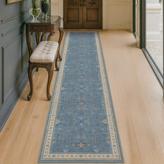 Non Slip 10ft Long Hallway Runner Rug Blue - 2 x 10 Runner Rug, Washable & Waterproof 2x10 Kitchen Floor Mat - Modern Eclectic Boho Design Décor