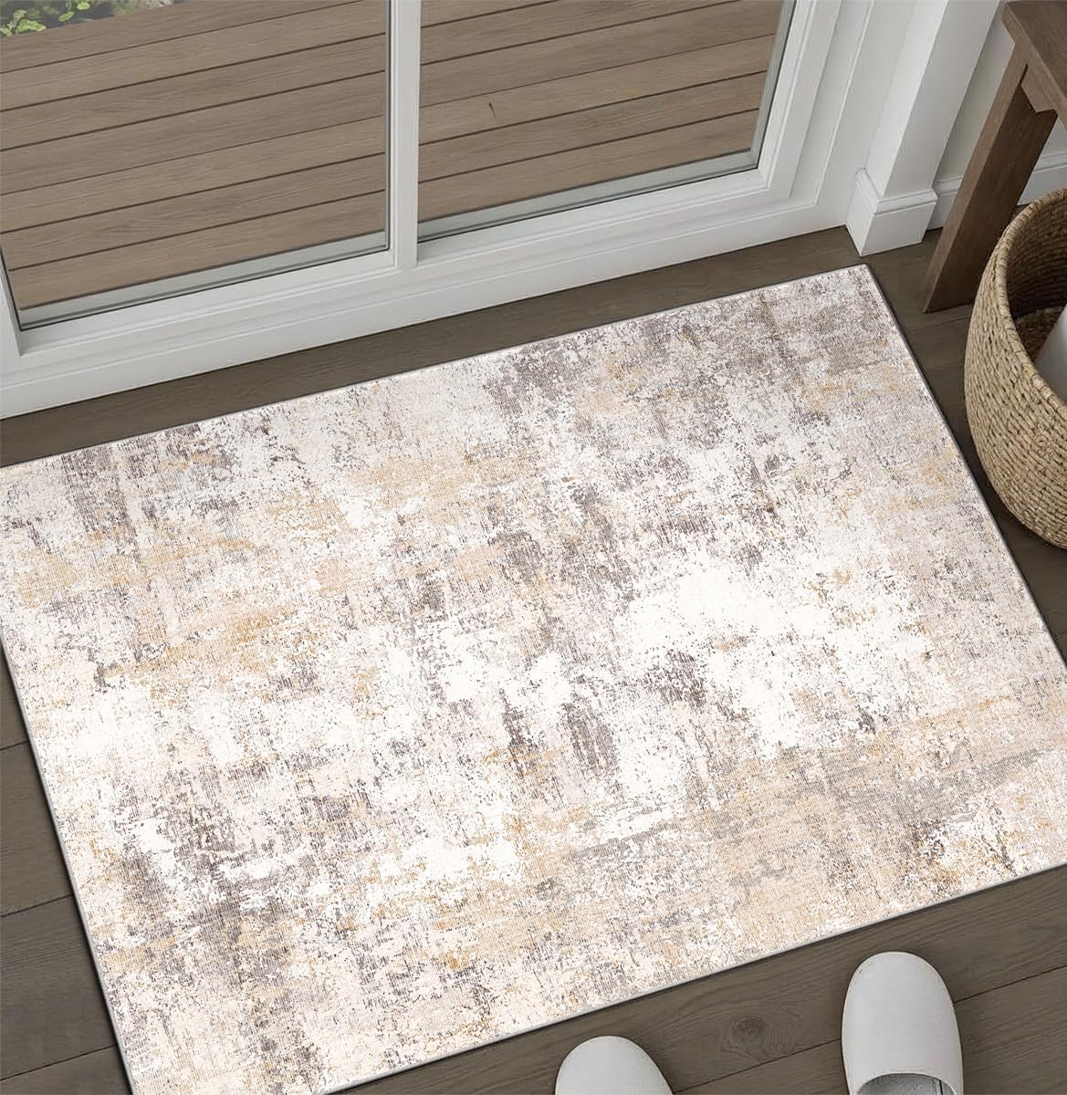 2x3 Washable Area Rug Beige Grey Neutral Abstract Entryway Kitchen Non Slip Low Pile Throw Rug Living Room Bedroom Indoor Doormat Small Soft Carpet for Entrance Bathroom
