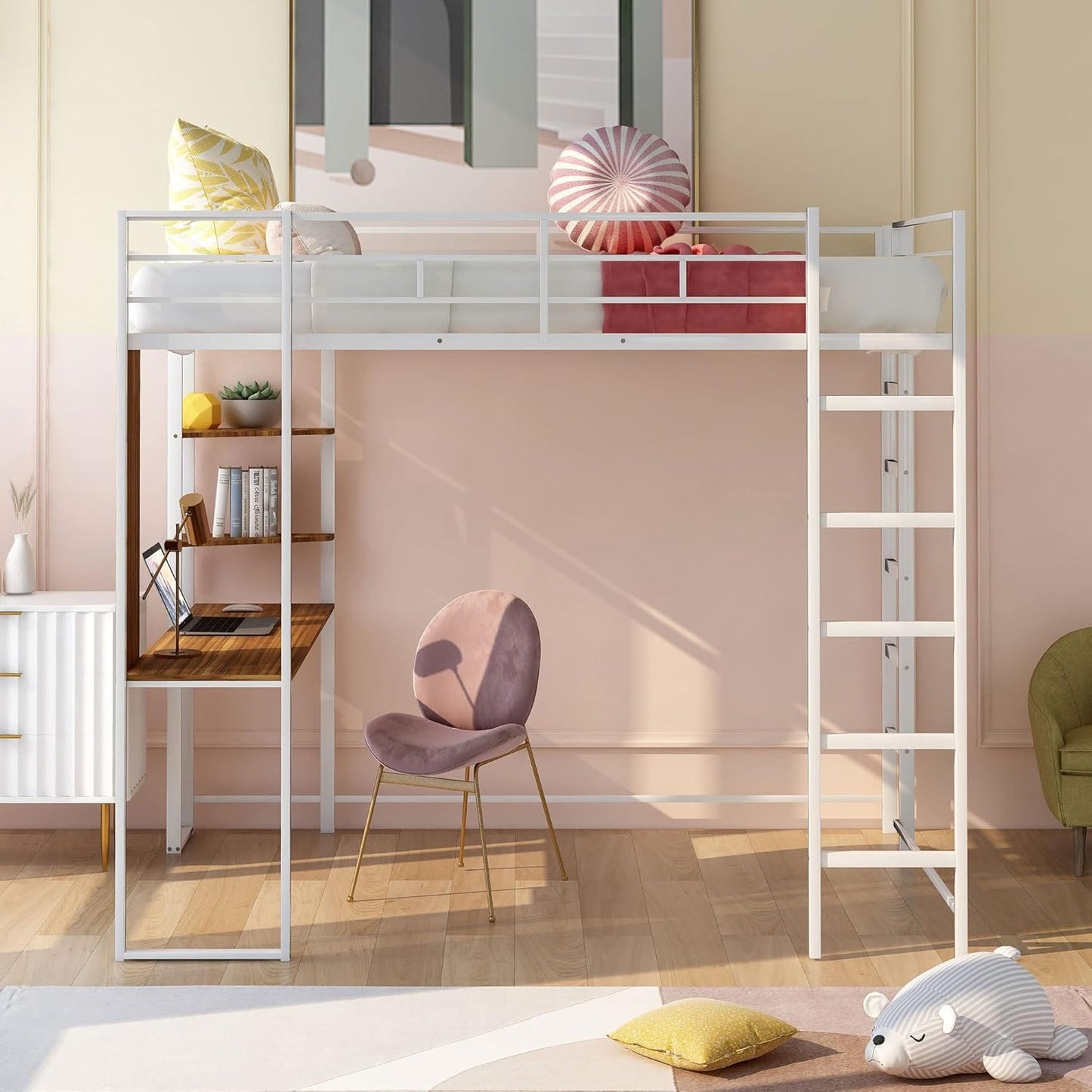 Full Size Metal Loft Bed with 2 Storage Shelves and 1 Desk,Steel Structure Bed Frame W/ 2 Build-in Ladders & Full-Length Guardrails,No Box Spring Needed,for Kids Teens Adults,White