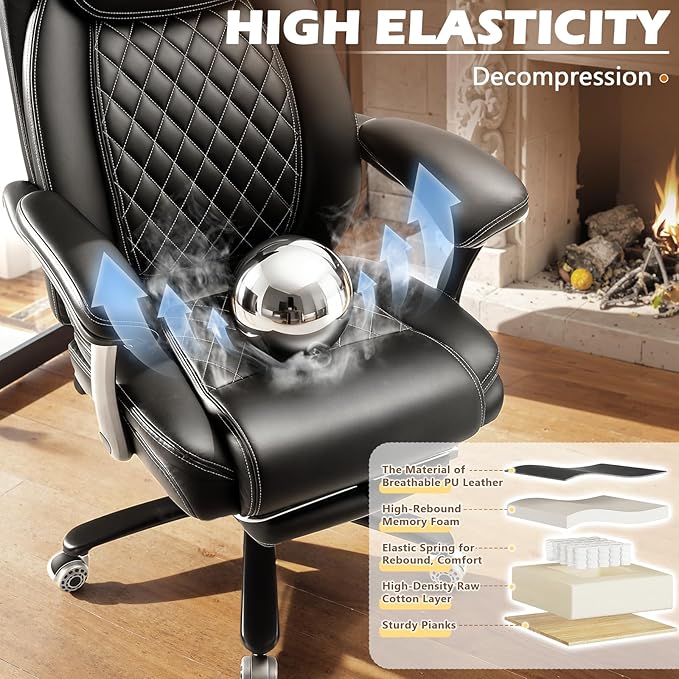 600LBS Large Heavy Duty Office Chair with Foot Rest,Reclining Big and Tall Office Chair with Pocket Spring Cushion, Comfy High Back with Adjustable Lumbar Support,Dual Rubber Wheel