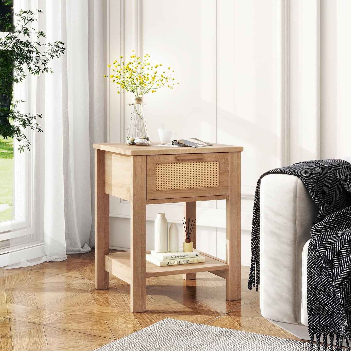 IBUYKE Rattan Nightstand Set of 2, Boho Night Stand with Drawer, Wood Bedside Tables with Storage Shelf, End Table with Legs for Bedroom, Natural UWNS011N-2