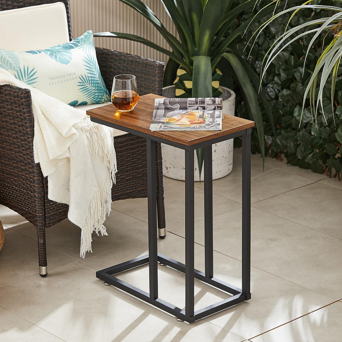 VECELO C Shaped End Side Table for Sofa Couch and Bed Snack TV Tray for Living Room Bedroom, 2 Set, Brown