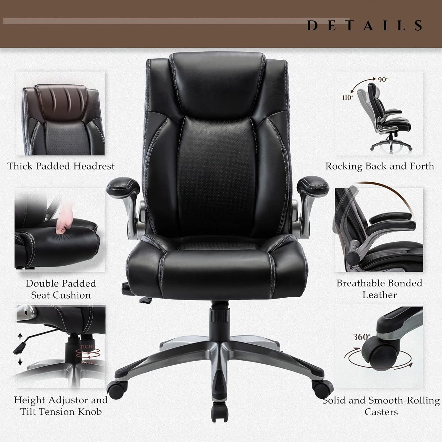 COLAMY Ergonomic Home Office Chair-Adjustable Lumbar Support for Extra Comfort, High Back Design with Padded Flip-up Arms for Adult Working, Study, Gaming (Black), 250lbs