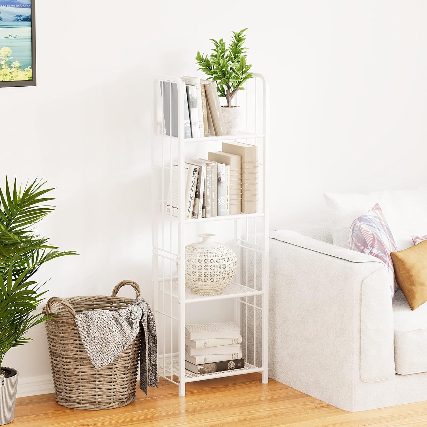 Bookshelf Storage Shelf Small Bookcase Freestanding Storage Stand for Living Room Bedroom, Kitchen, Rust Resistance, Easy Assembly Free Combination Multi-Functional Organizer (4 Tiers, White)