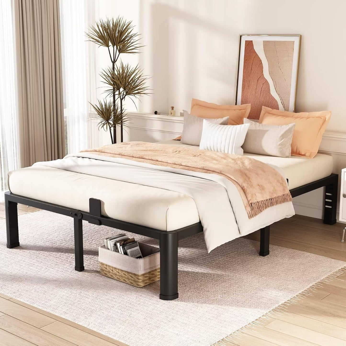 FUIOBYVV 14 Inch Full Bed Frame with Rounded Corner and Headboard Hole Mattress Retainers 3500 LBS Metal Heavy Duty Steel Slats Support No Box Spring Needed Platform Noise Free Easy Assembly