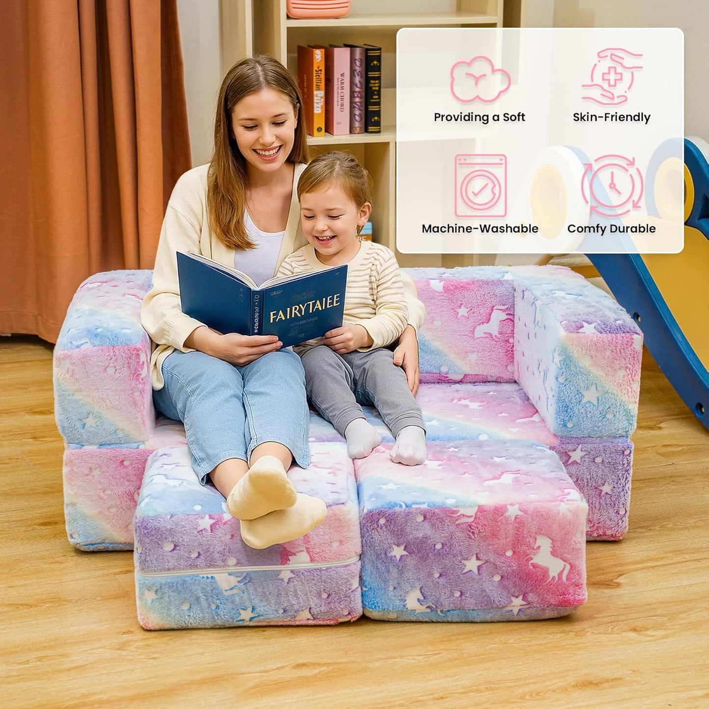 Lamerge Toddler Couch Glow in The Dark Toddler Fold Out Couch for playroom, Convertible Baby Fold Out Play Foam and Floor Cushion for Bedroom (Rainbow+Unicorn)