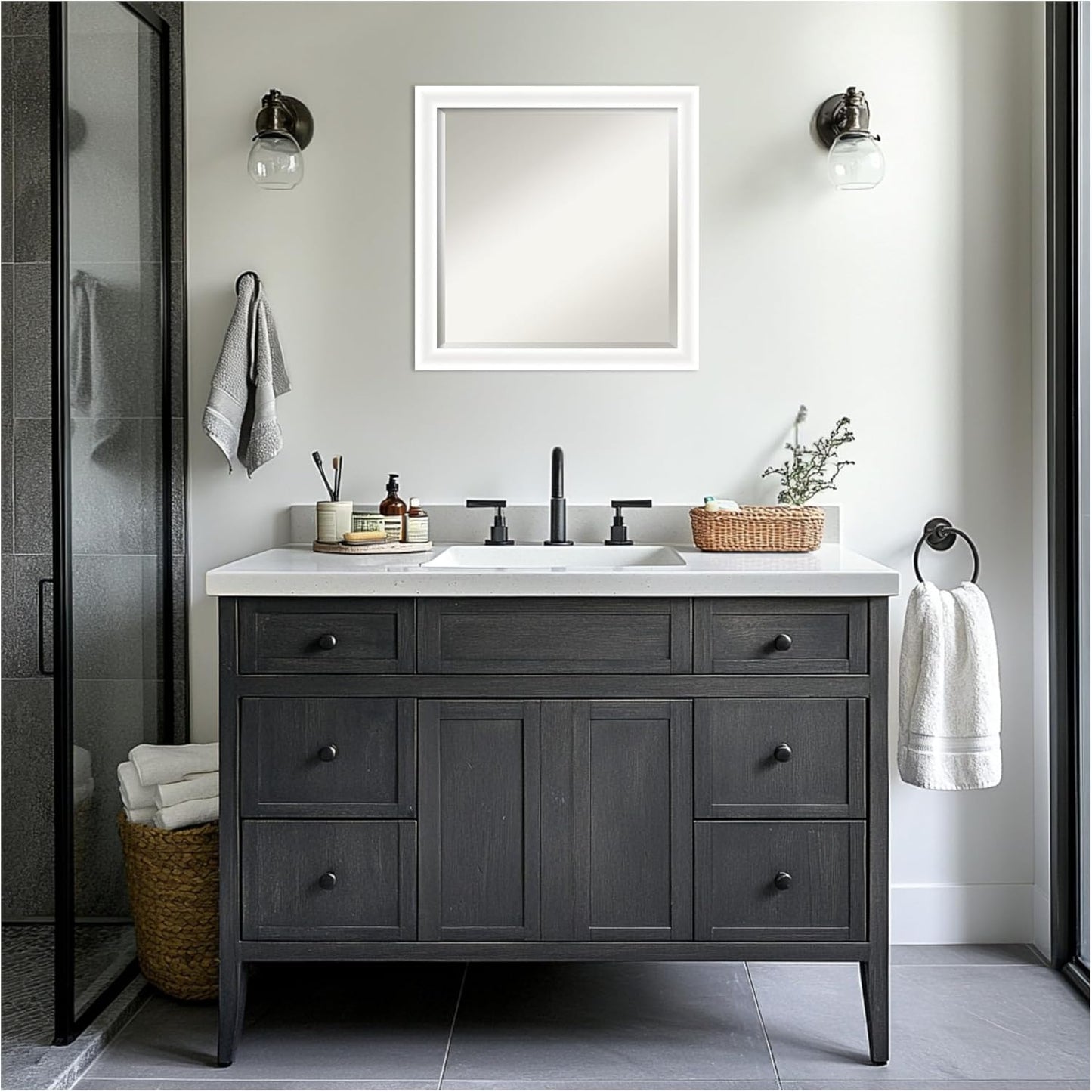 Amanti Art White Bathroom Mirror for Over Sink, 23x23 Oliver White Narrow Square Vanity Mirror, Medium Modern Wood Frame, Hangs Horizonally and Vertically, Bathroom Wall Decor, Beveled Edge