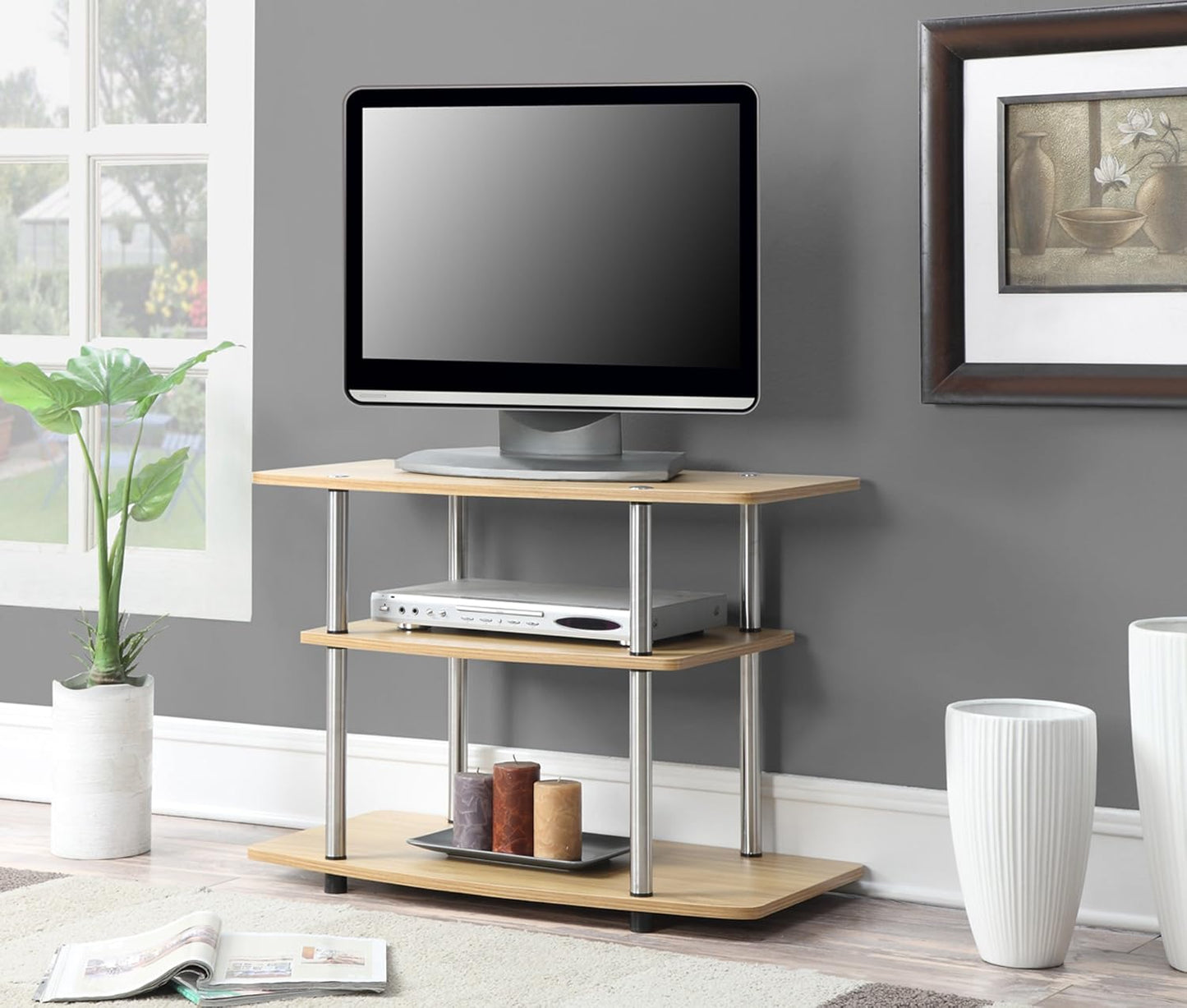 Convenience Concepts Designs2Go No Tools 3-Tier Stand Entertainment Center 37 Inches, Modern TV Console with Shelves for Living Room, 31.5", Light Oak