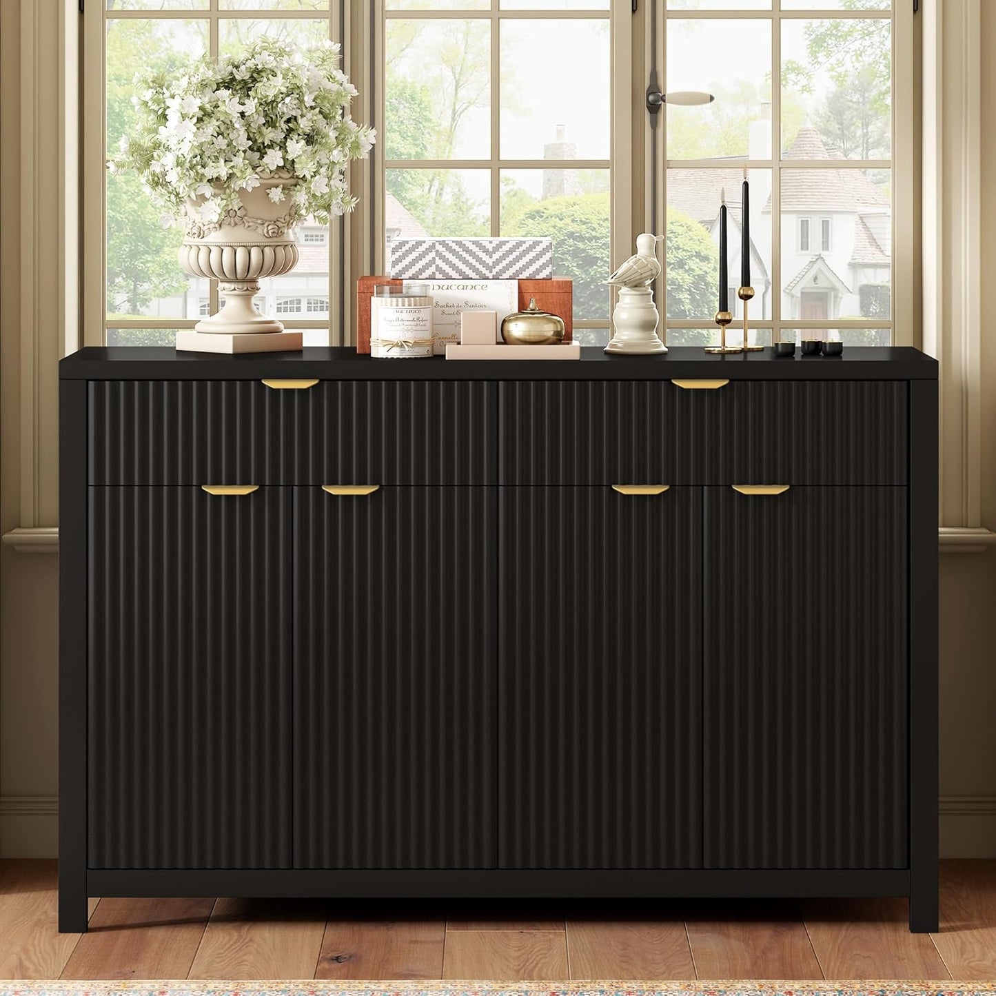 Merax Modern Wave-Pattern Sideboard Cabinet with 2 Drawers and 4 Doors,Buffet Cabinet,Aluminum Arc Handles,Scandinavian Style,Suitable for Entryway, Living Room,Foyer,Black