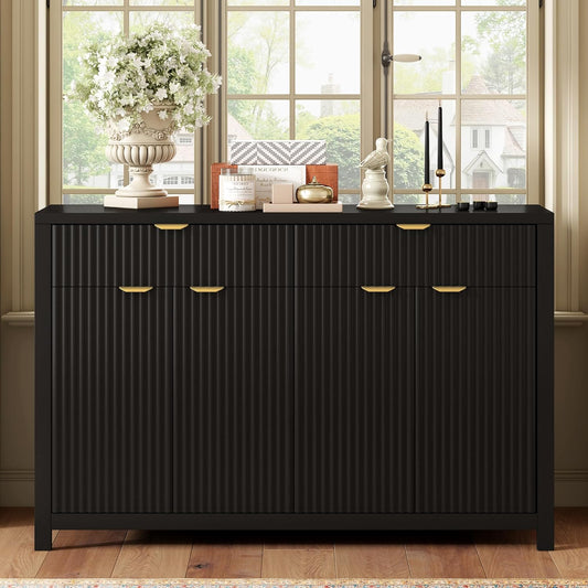Merax Modern Wave-Pattern Sideboard Cabinet with 2 Drawers and 4 Doors,Buffet Cabinet,Aluminum Arc Handles,Scandinavian Style,Suitable for Entryway, Living Room,Foyer,Black