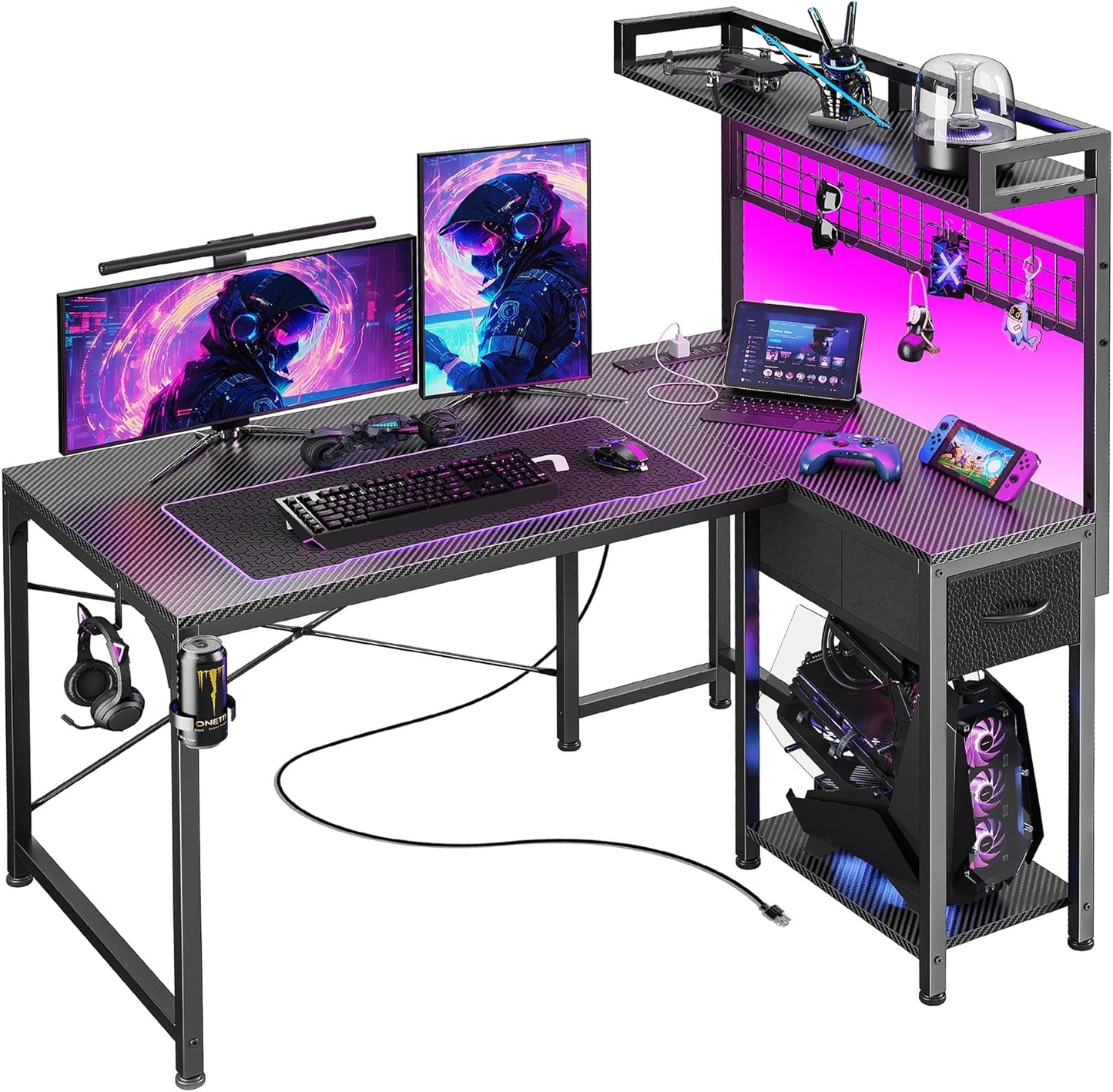 PRAISUN L Shaped Gaming Desk with Shelves, Corner Computer Table with LED Lights, Power Outlets and USB-C Ports, 42 Inch Home Office Desk with Storage Drawer, for Work and Study, Carbon Fiber Black