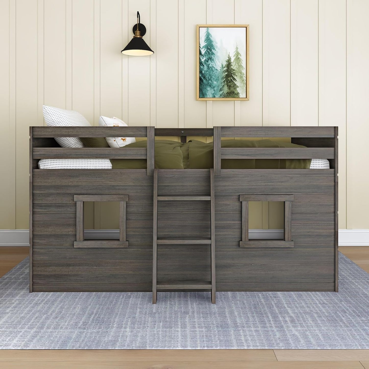 Max & Lily Modern Farmhouse Twin Low Loft Bed with Two Windows - Solid Wood, 15” Guardrails, 400-lb Capacity, Low-VOC Finish, Driftwood